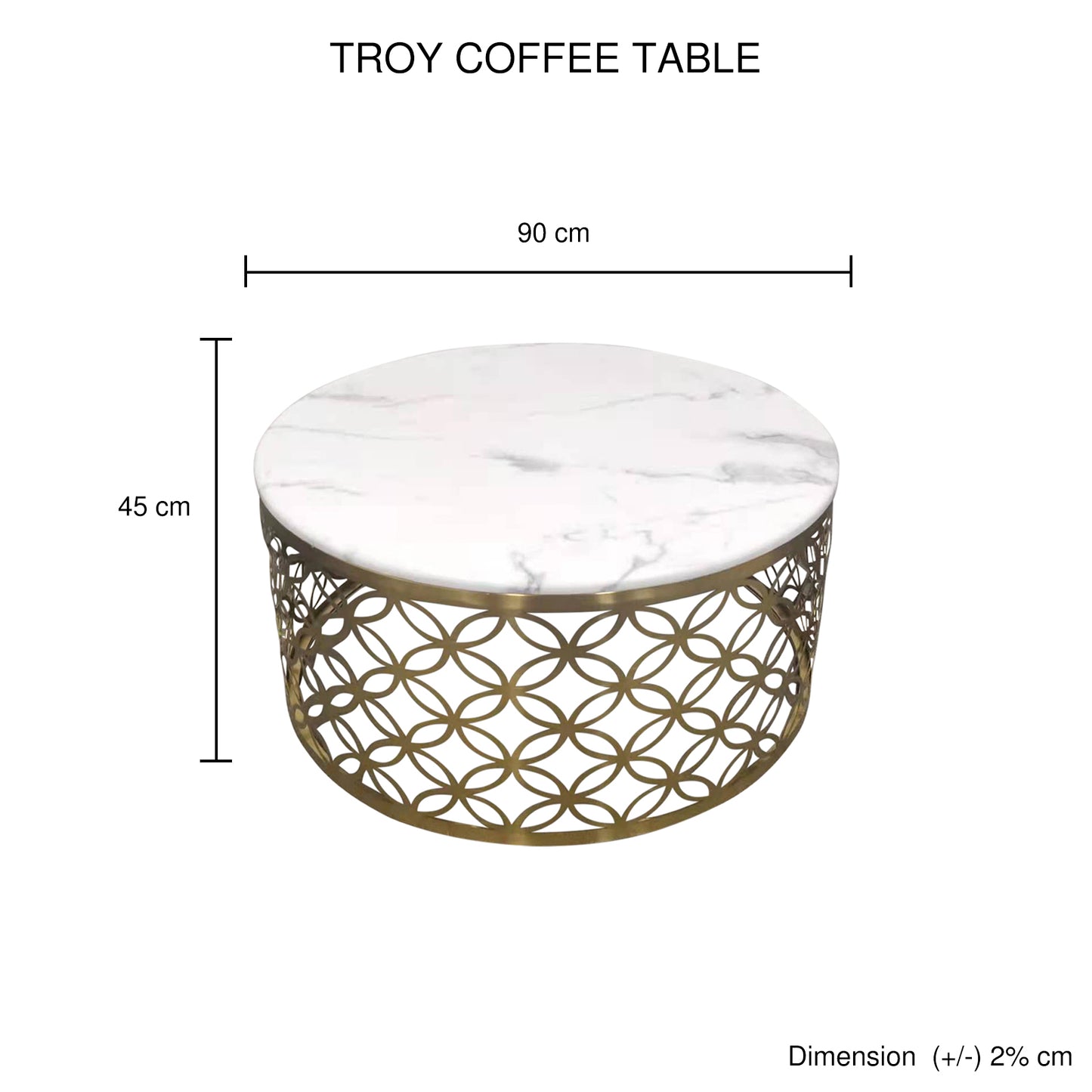 Coffee Table White Faux Marble Top Metal Manipulated Detail Design Round Shape Titanium Gold Stainless Troy