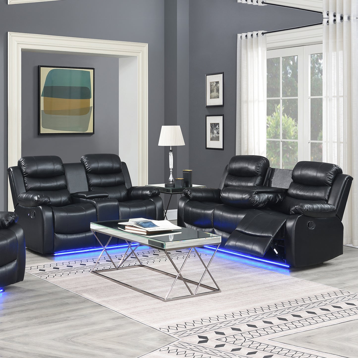 Chelsea 3R+2R Seater Finest Leatherette Recliner Feature Console LED Light Ultra Cushioned