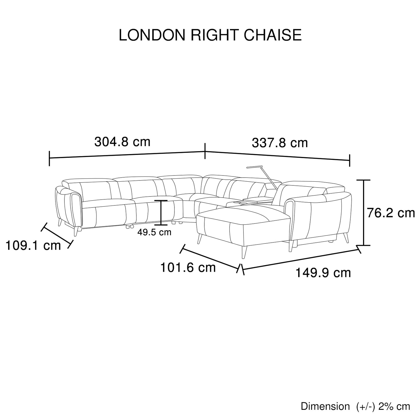 London 5 Seater Corner Sofa Chaise Premium Genuine Leather Power Slide Right Chaise Cup-Holder Charging Point