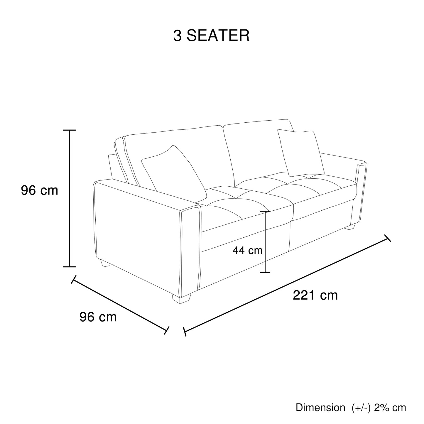 Milano 3 Seater Sofa Set Polyester Fabric Multilayer Two Pillows Attached Individual Pocket Spring