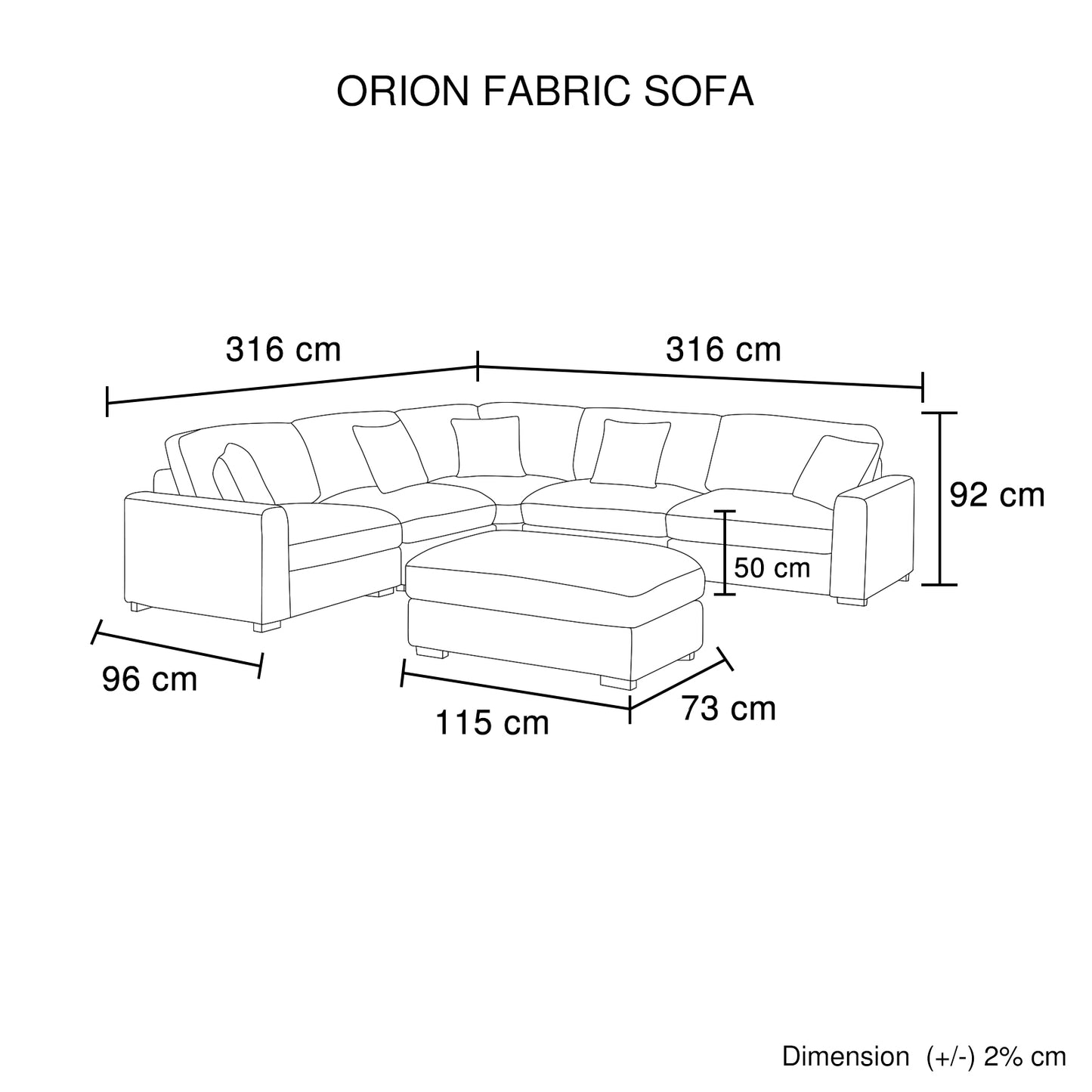 Orion Large Corner Sofa Premium Fabric Upholstery Fluffy Padded Seat Wooden Frame Rubber Wooden Legs Ottoman
