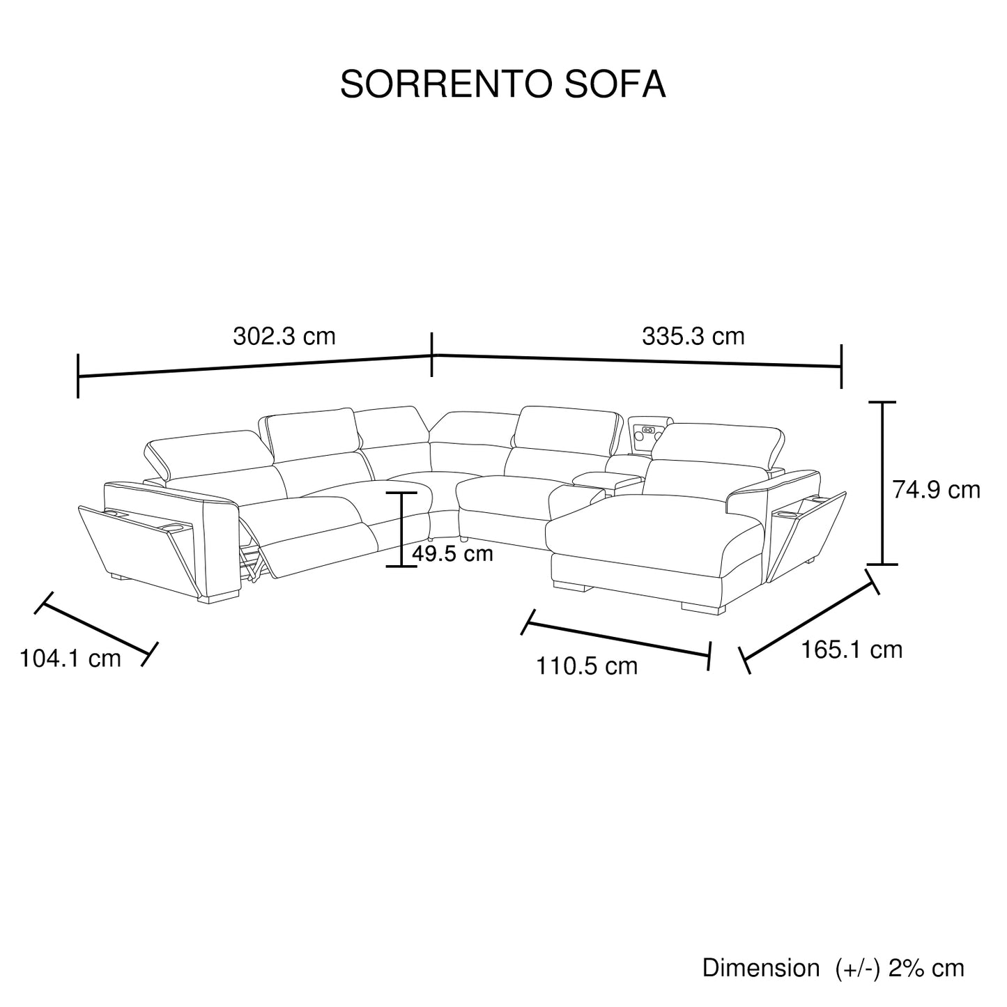 Sorrento Corner Sofa Right Hand Chaise Premium Fabric Electric Recliner with Manual Headrest Cup-holder Charging Point Lighting