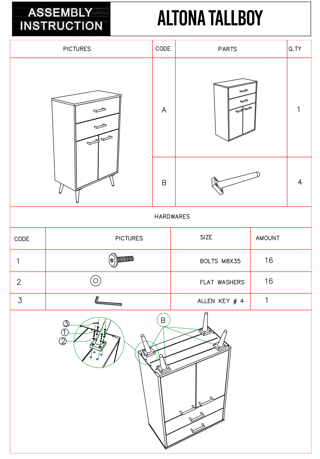 Altona 4 Drawers Acacia Wood Tallboy in Rustic Look