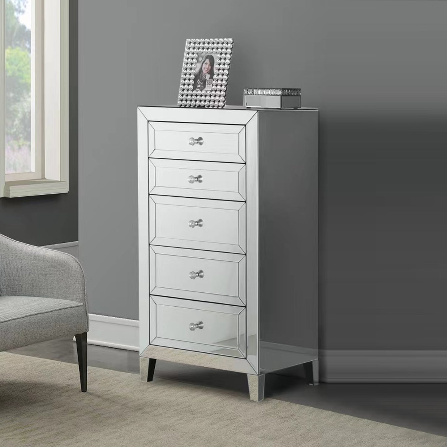 Camelia Tallboy MDF Silver Mirror Five Drawers Sparkling Handle
