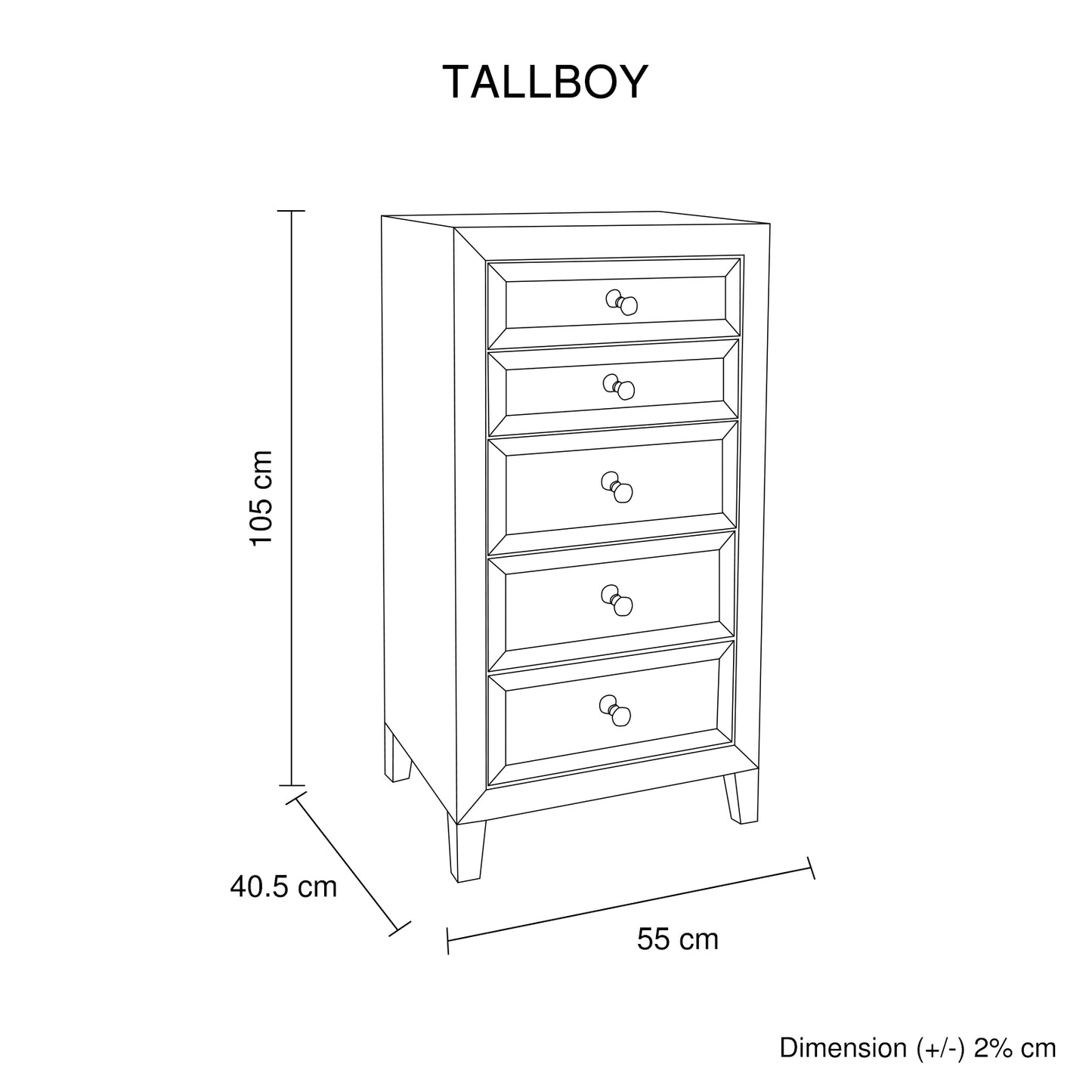 Camelia Tallboy MDF Silver Mirror Five Drawers Sparkling Handle