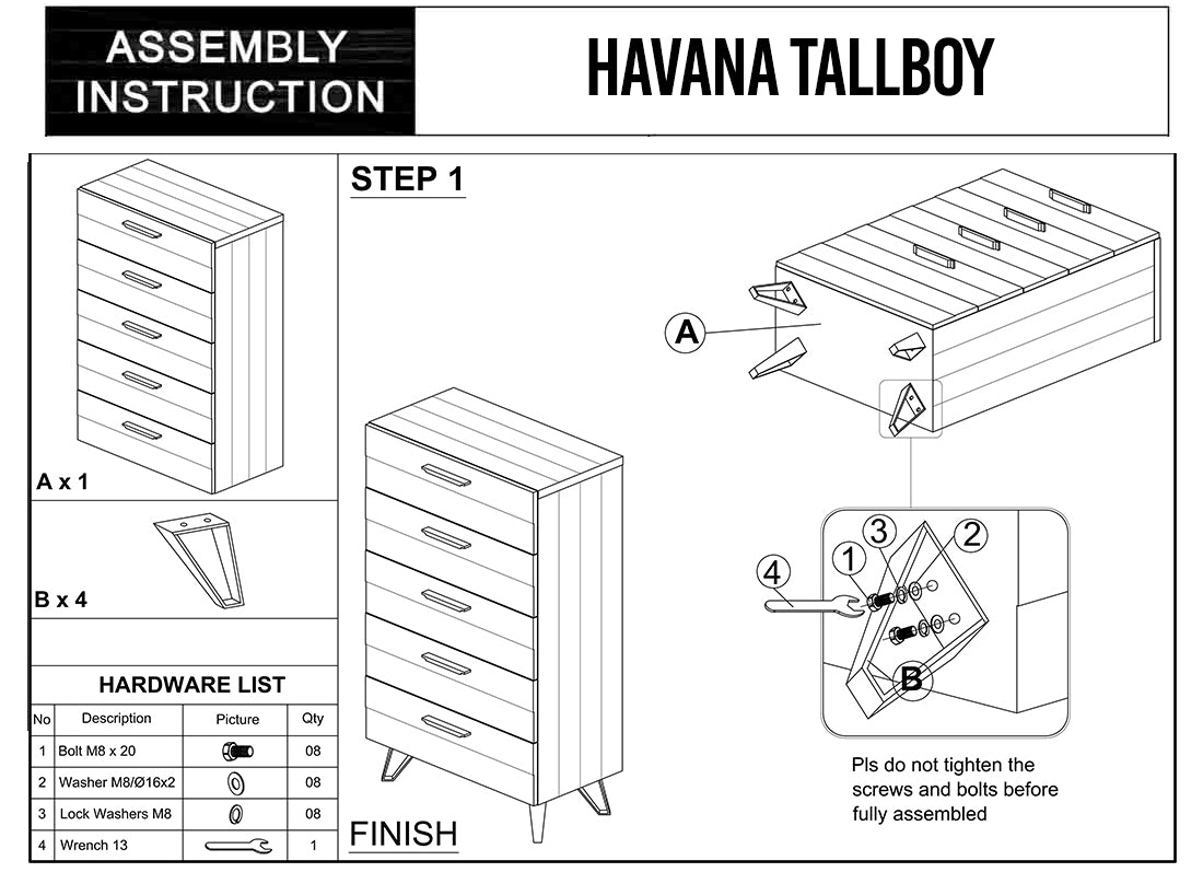 Havana 5 Drawers Tallboy In Solid Acacia Construction with Natural Wood Colour
