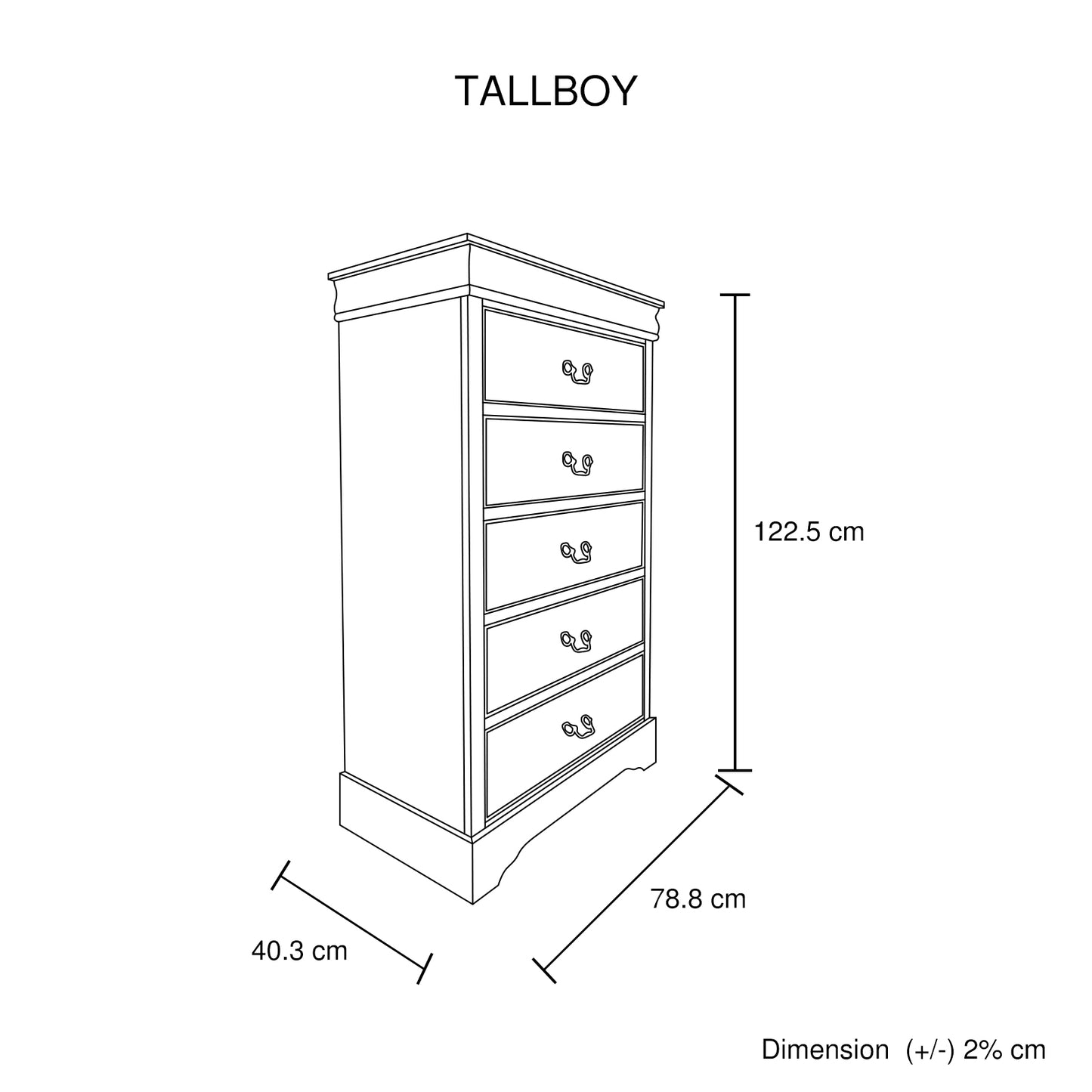 Spencer Solid Wooden Grey Colour Tallboy with 5 Drawers Metal Handles