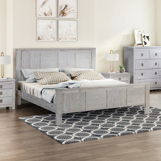 Noe Solid Timber Acacia Veneered Bed in White Ash