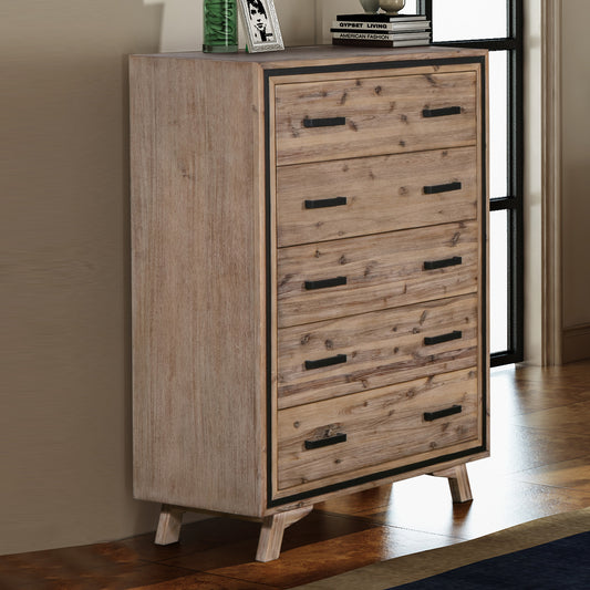 Seashore 5 Drawers Tallboy in Solid Acacia Timber with Silver Brush Colour