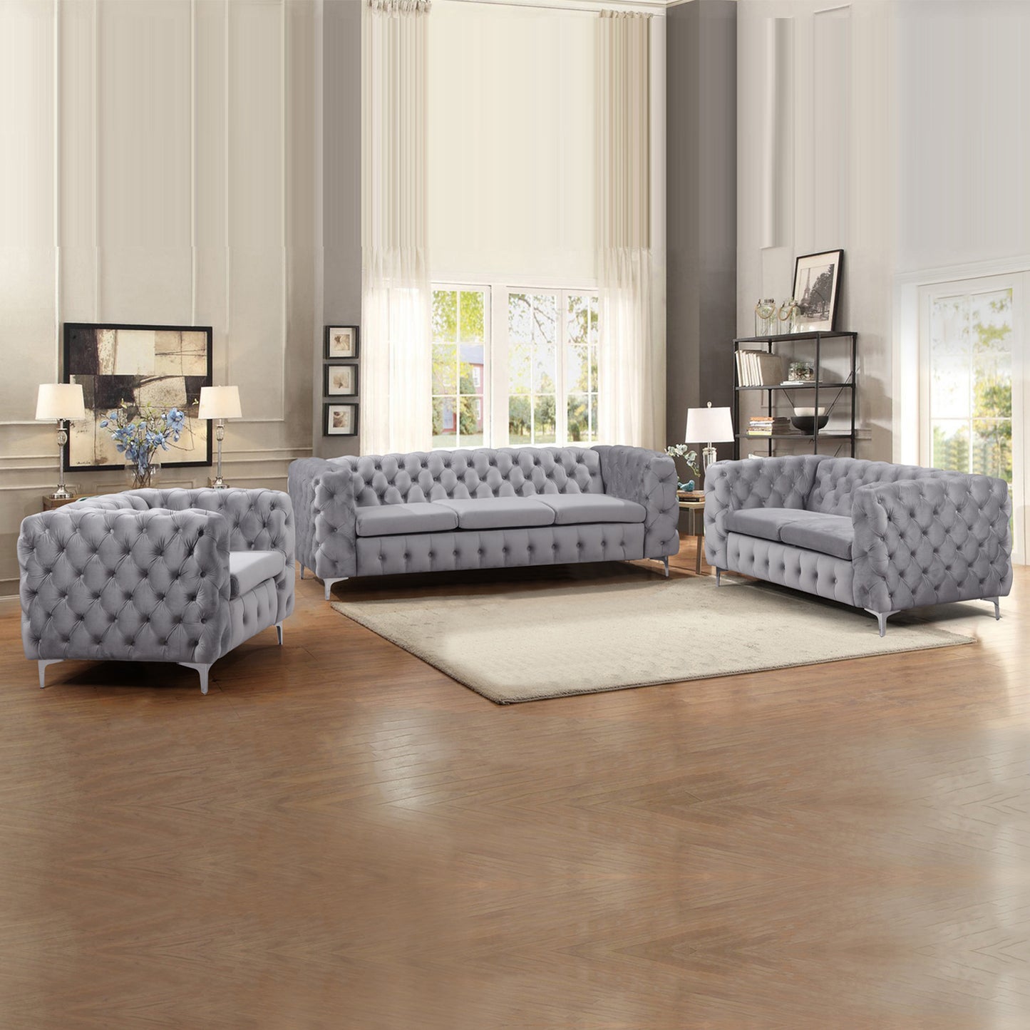 Jacques 3+2+1 Seater Sofa Button Tufted Velvet Fabric with Metal Legs in Black/ Grey