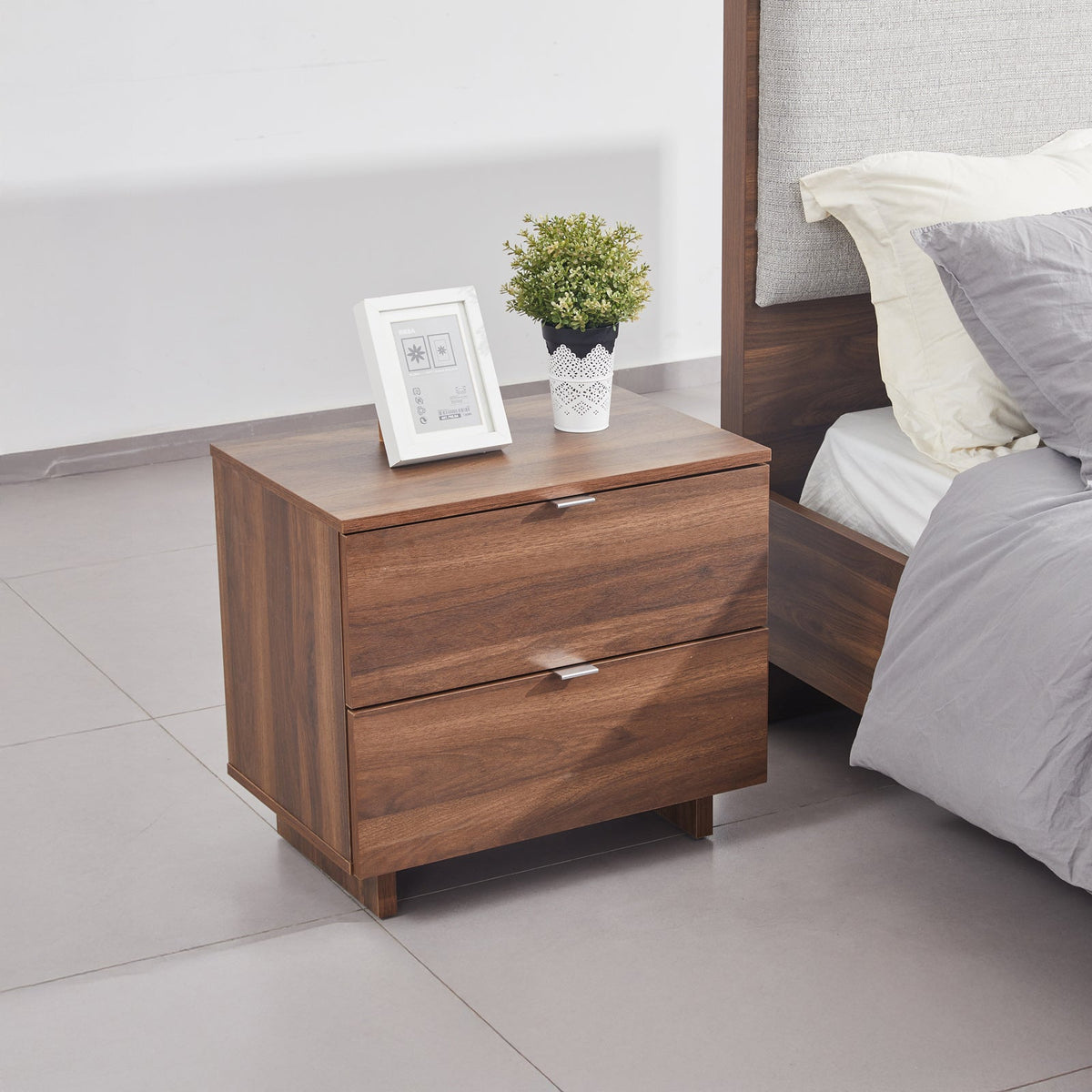 Modern Walnut Nightstand with Drawer & Slim Metal Handles – Wooden Finish