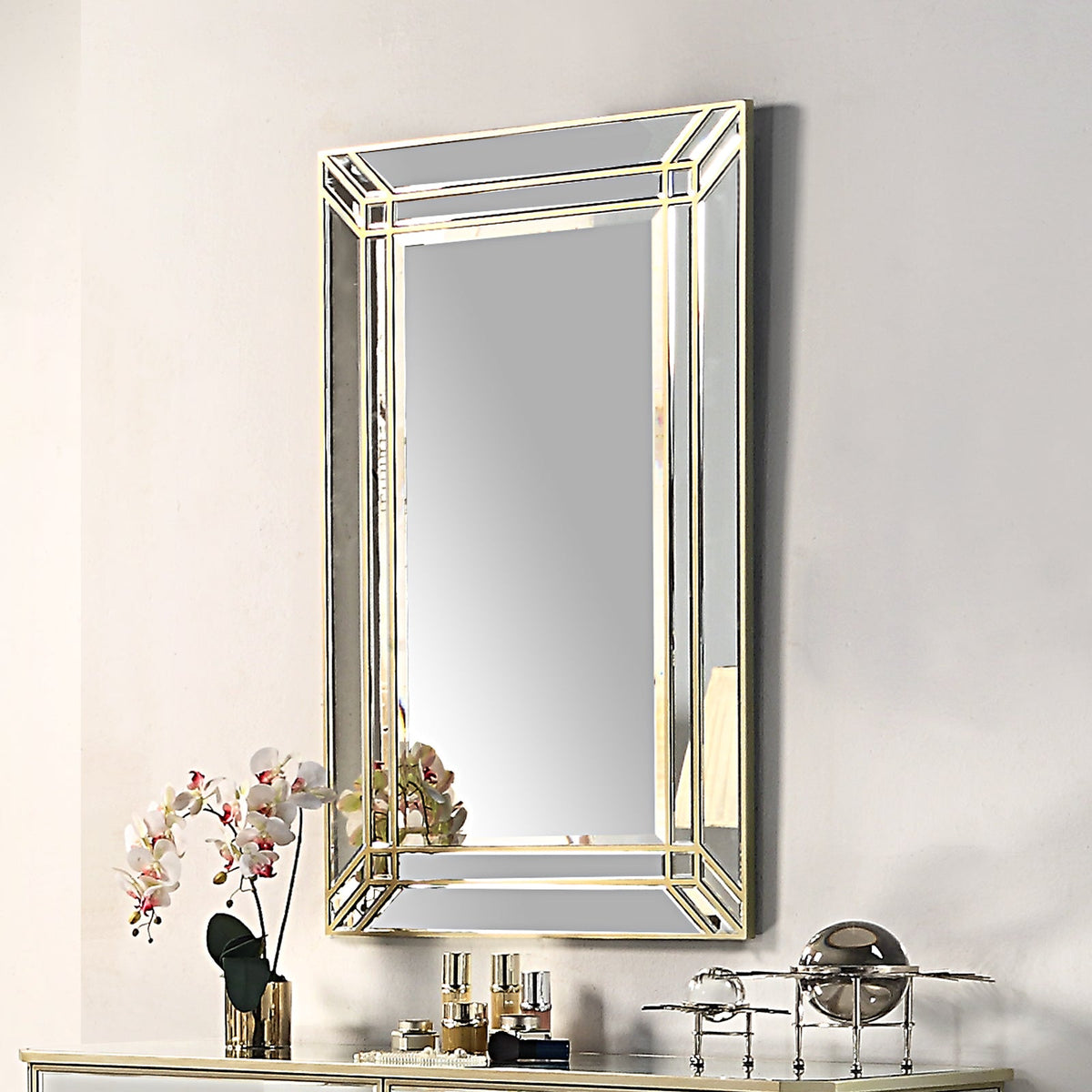 Antique Rectangular Gold Mirror with Double-Layer Border Frame