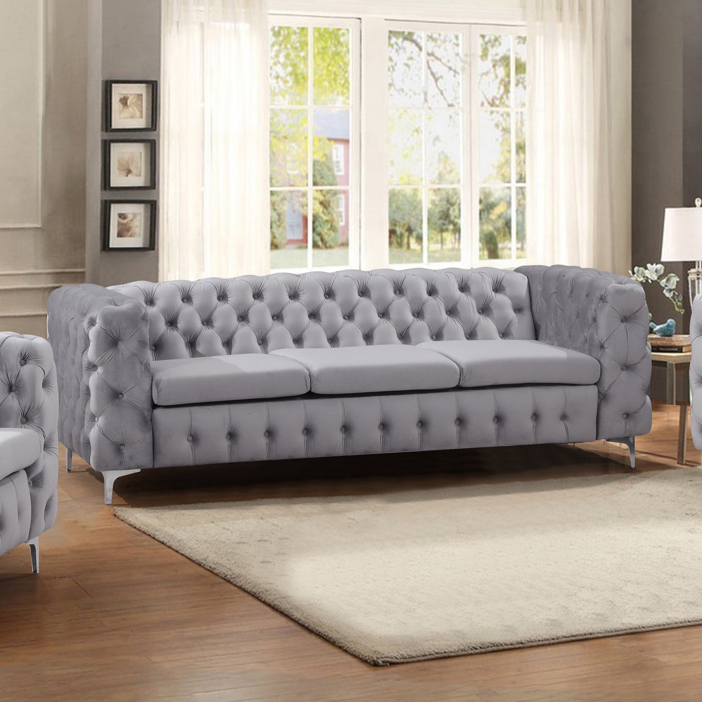 Jacques 3 Seater Sofa Classic Button Tufted Lounge in Black/Grey