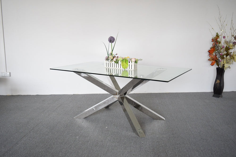 Jason Crisscross Shaped High Gloss Stainless Steel Finish Dining Table with Tempered Glass Top