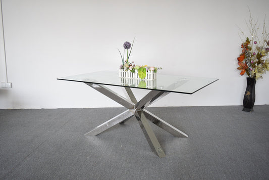 Jason Crisscross Shaped High Gloss Stainless Steel Finish Dining Table with Tempered Glass Top