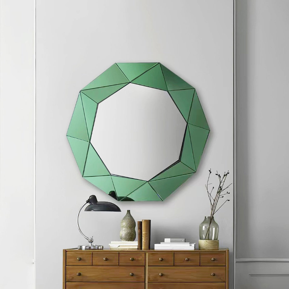 Glamorous Green Trigonometrical Wall Mirror Crafted with Premium Glass