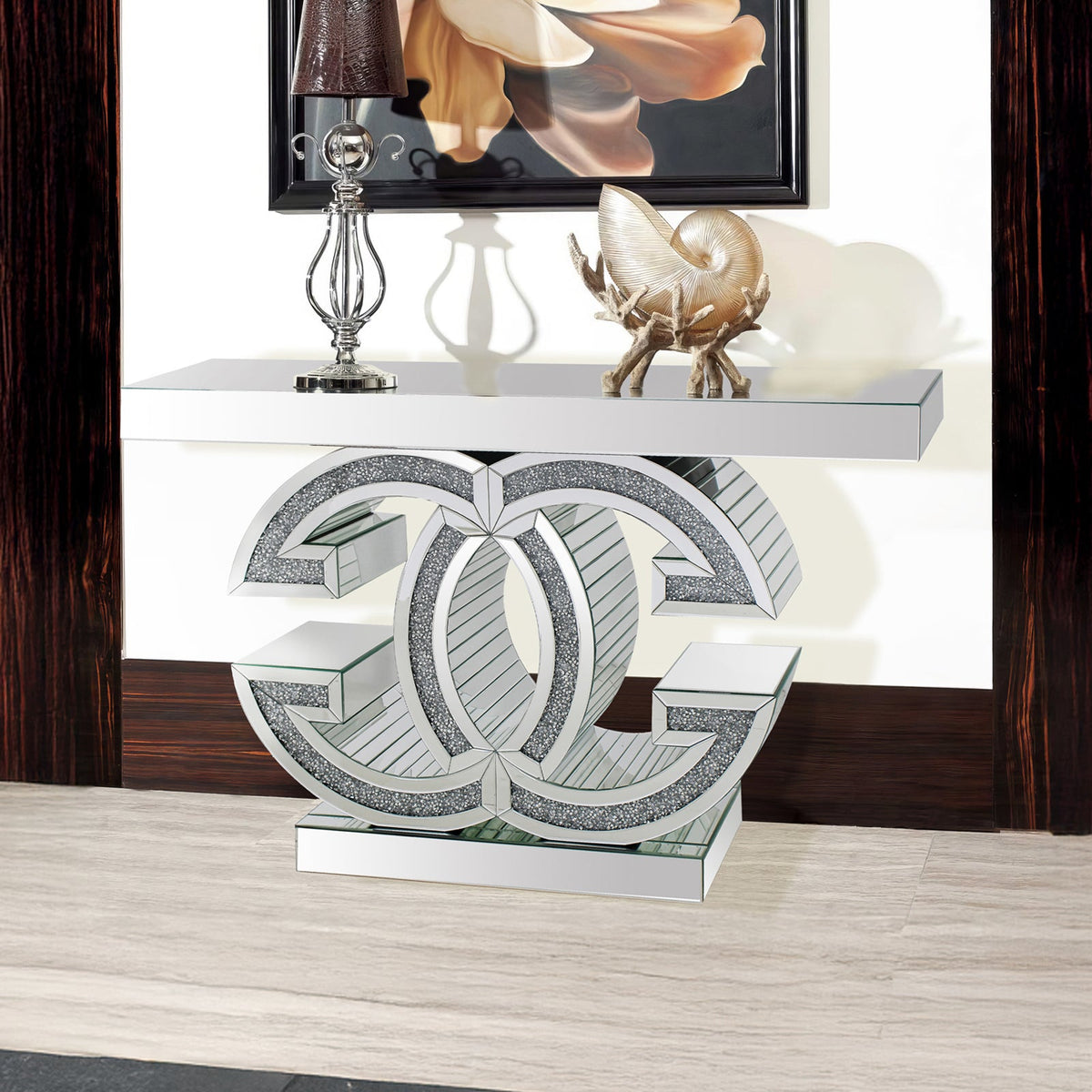 Gucci Silver Hall Table with Mirror and Crushed Acrylic Diamonds