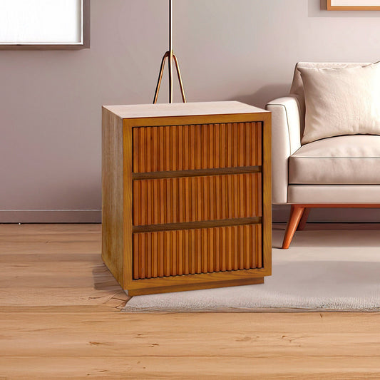 Toby 3-Drawer Bedside Table in Brown with Wave Pattern Detail