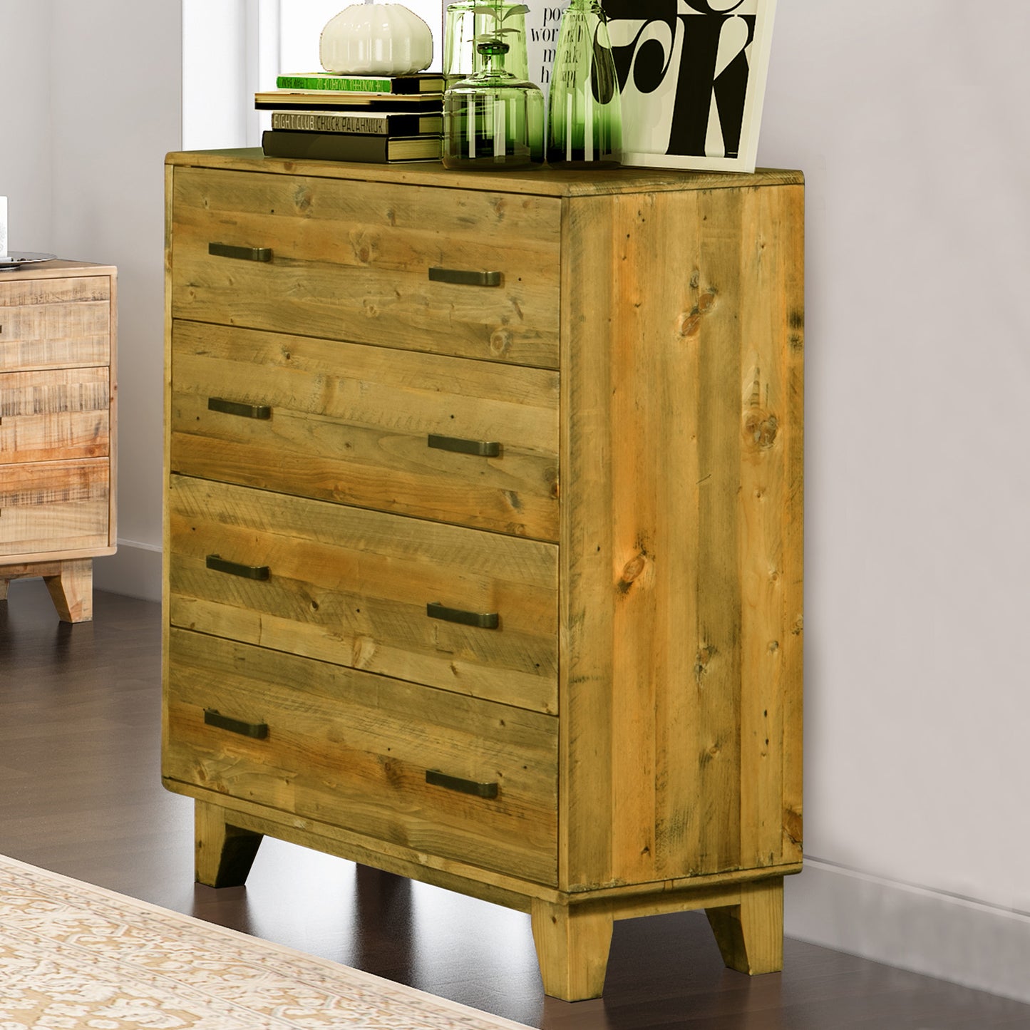 Woodstyle Light Brown Rustic Texture 4 Drawers Tallboy In Solid Pine Timber