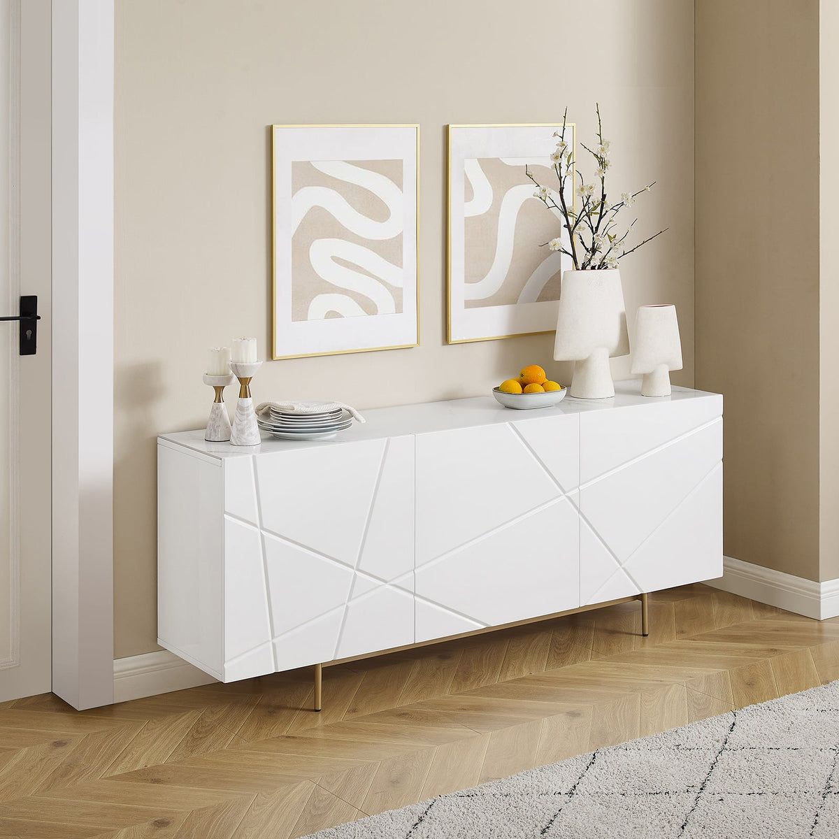 Amelia White Buffet with Ceramic Top & Gold Legs