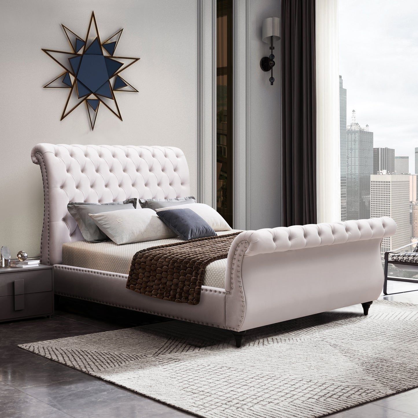 Elsa Sleigh Bedframe Velvet Tufted Deep Quilting Bed