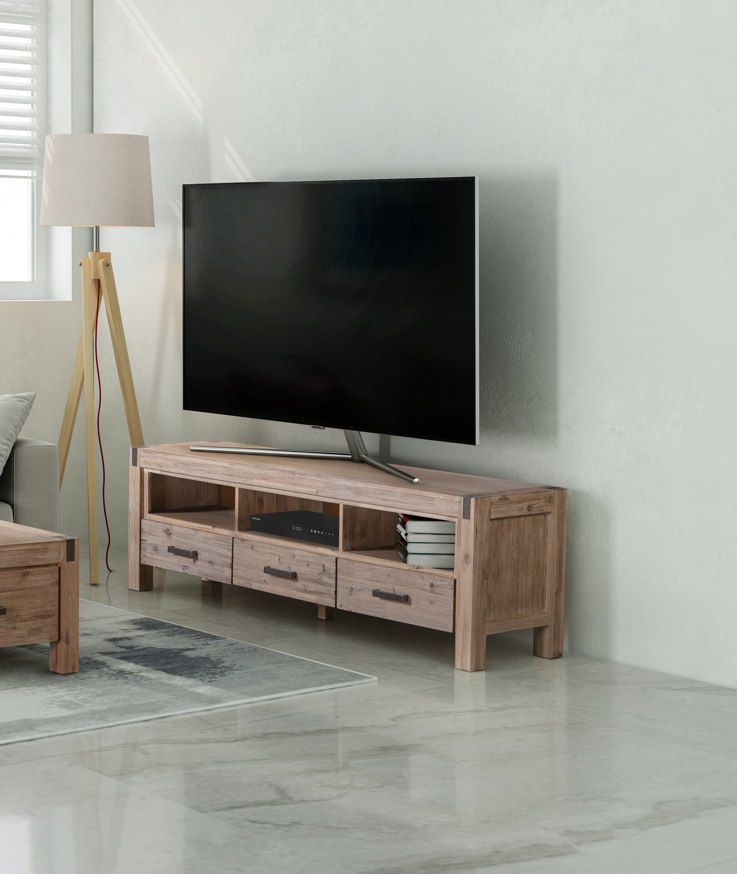 Java 3 Storage Drawers Solid and Veneered Acacia TV Cabinet