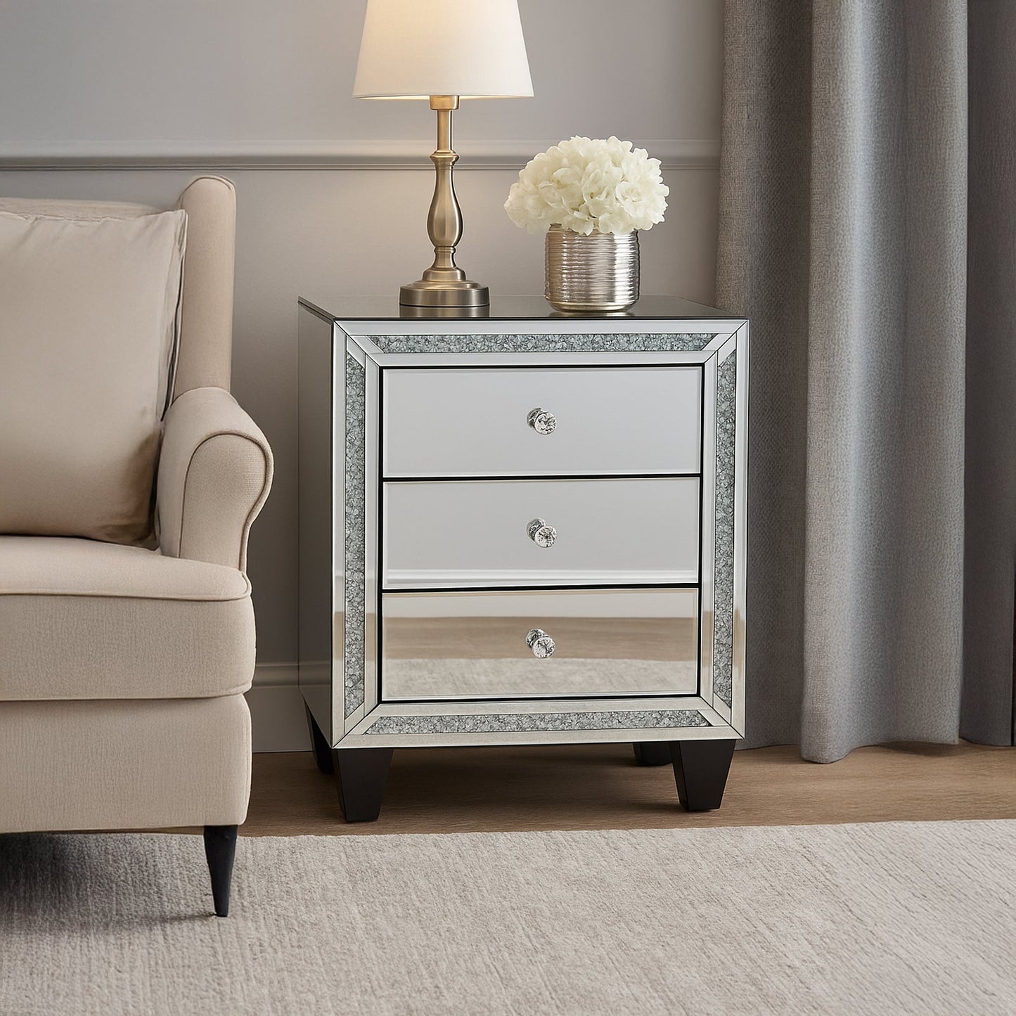 Aurora Silver Mirrored Bedside Table – 3 Drawers with Crystal Detail