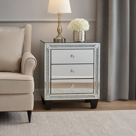 Aurora Silver Mirrored Bedside Table – 3 Drawers with Crystal Detail