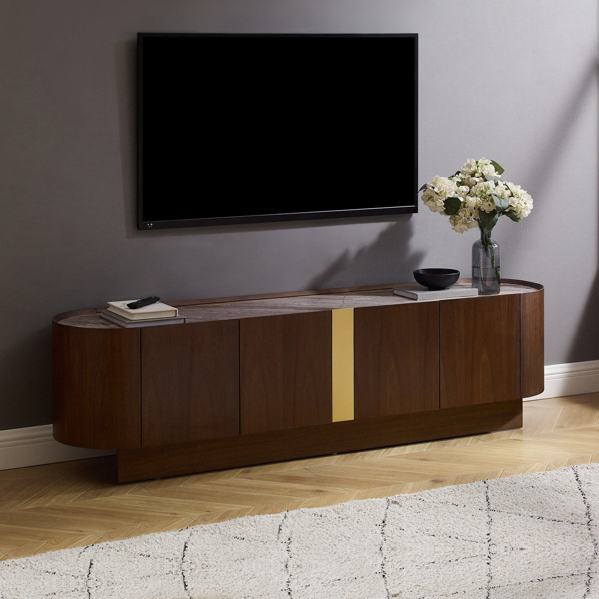 Venus Dark Walnut TV Cabinet with Gold Accent Detai