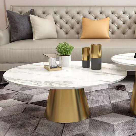 Coffee Table Round White Faux Marble Top Shiny Metal Frame Titanium Gold Stainless Electroplating Dove