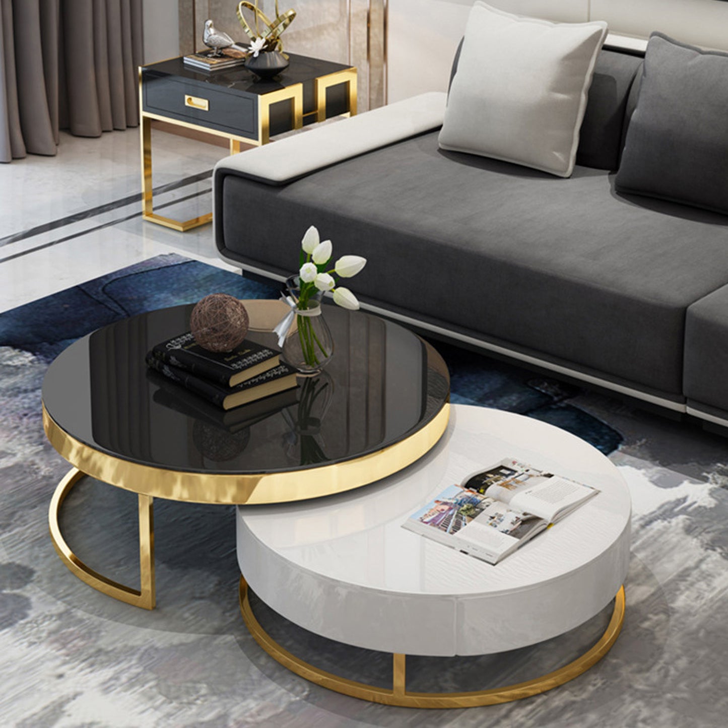 Coffee Table Tempered Glass Top Storage Drawer Metal Base Stainless Electroplating Titanium Gold Texas