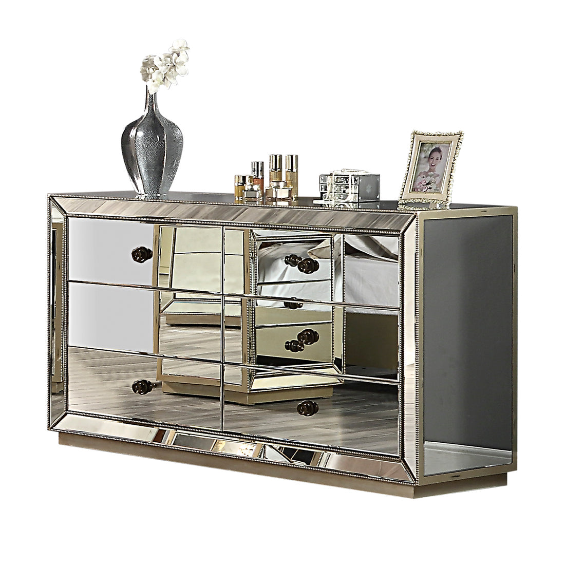 Germany MDF Mirrored Work 6 Drawers Gold Colour Dresser
