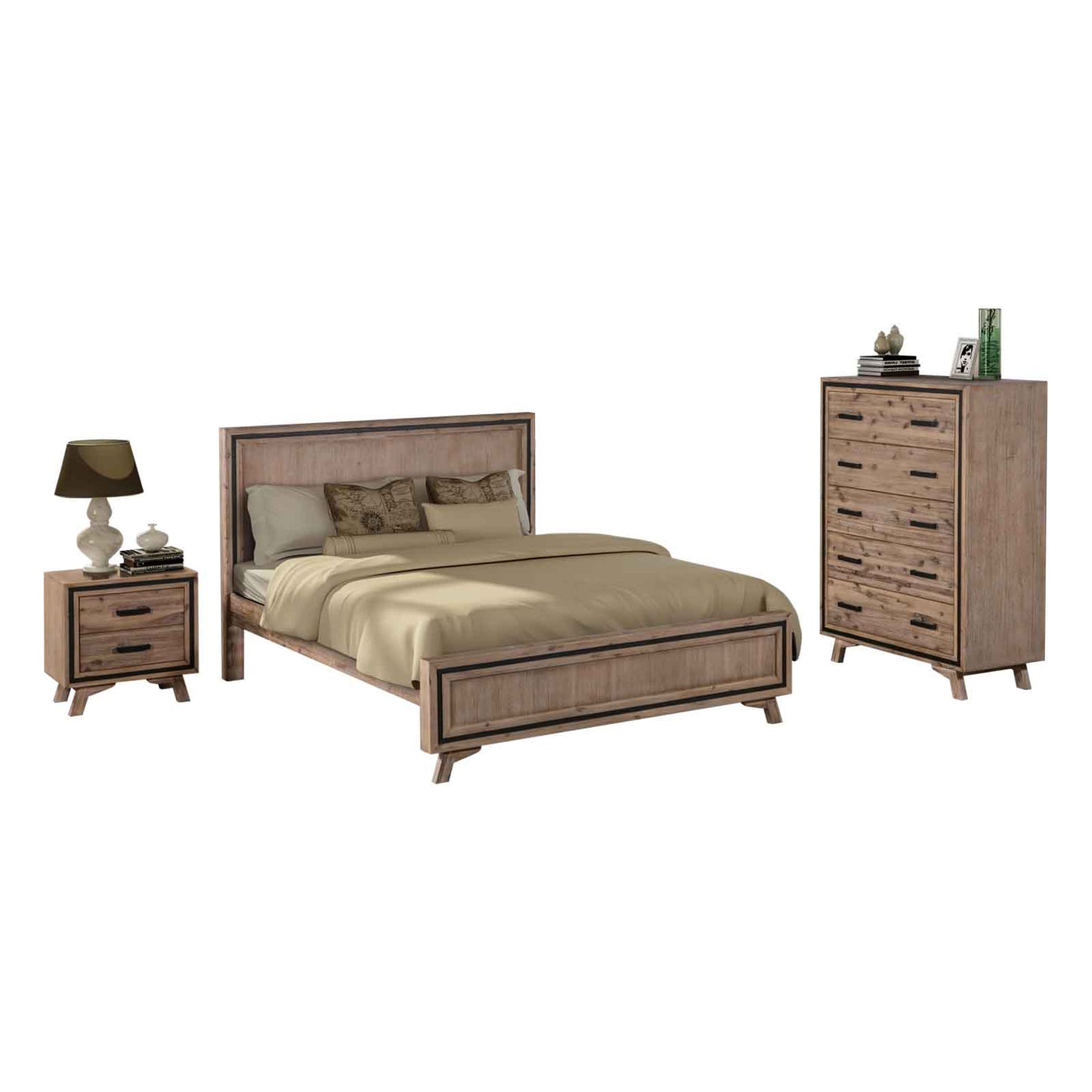 Seashore 4 Pcs Bedroom Suite in Solid Acacia Timber in Silver Brush Colour