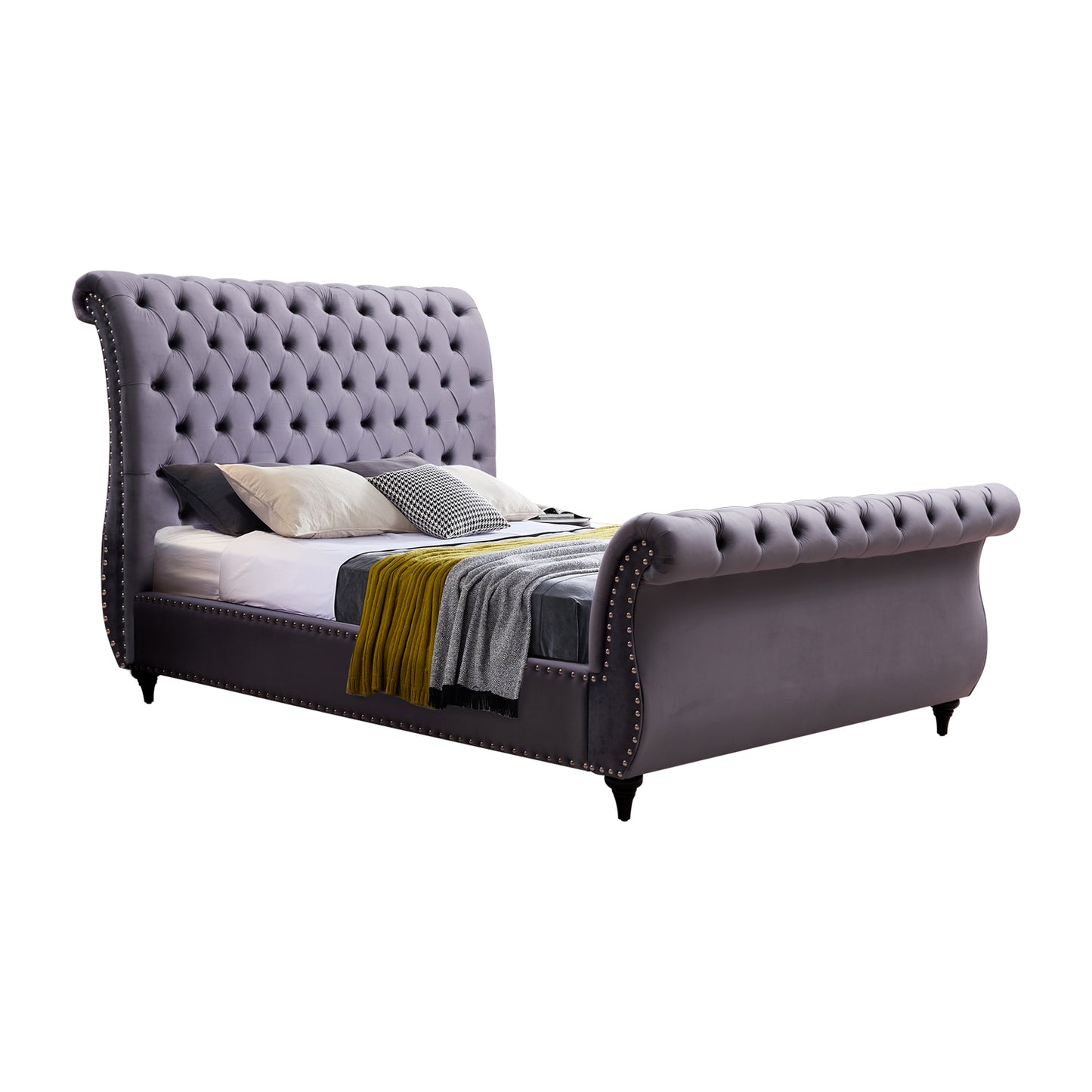 Elsa Sleigh Bedframe Velvet Tufted Deep Quilting Bed