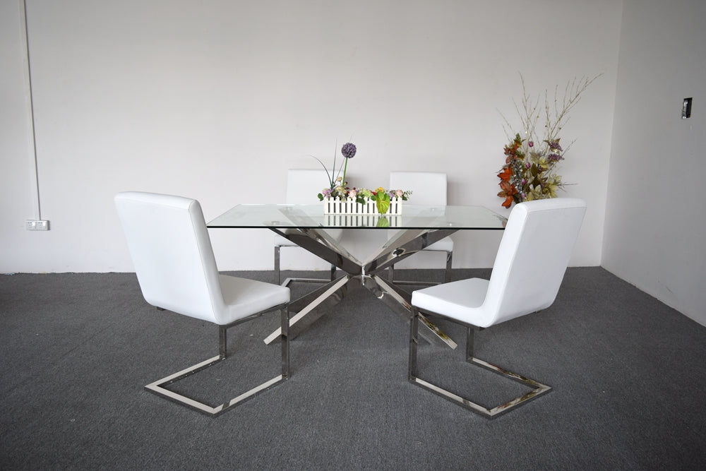 Jason Crisscross Shaped High Gloss Stainless Steel Finish Dining Table with Tempered Glass Top