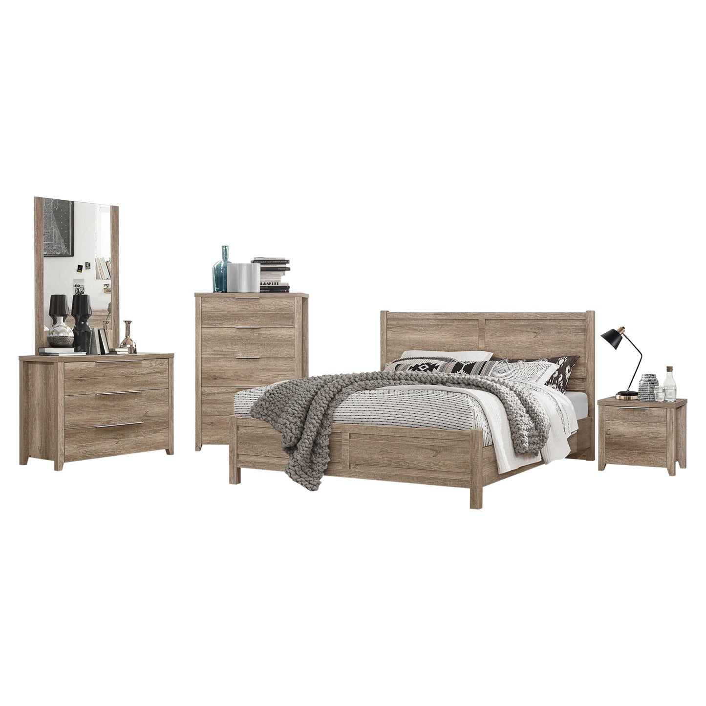 Cielo Natural Wood Like MDF Bedroom Suite 5 Pcs In Oak Colour with Dresser and Tallboy