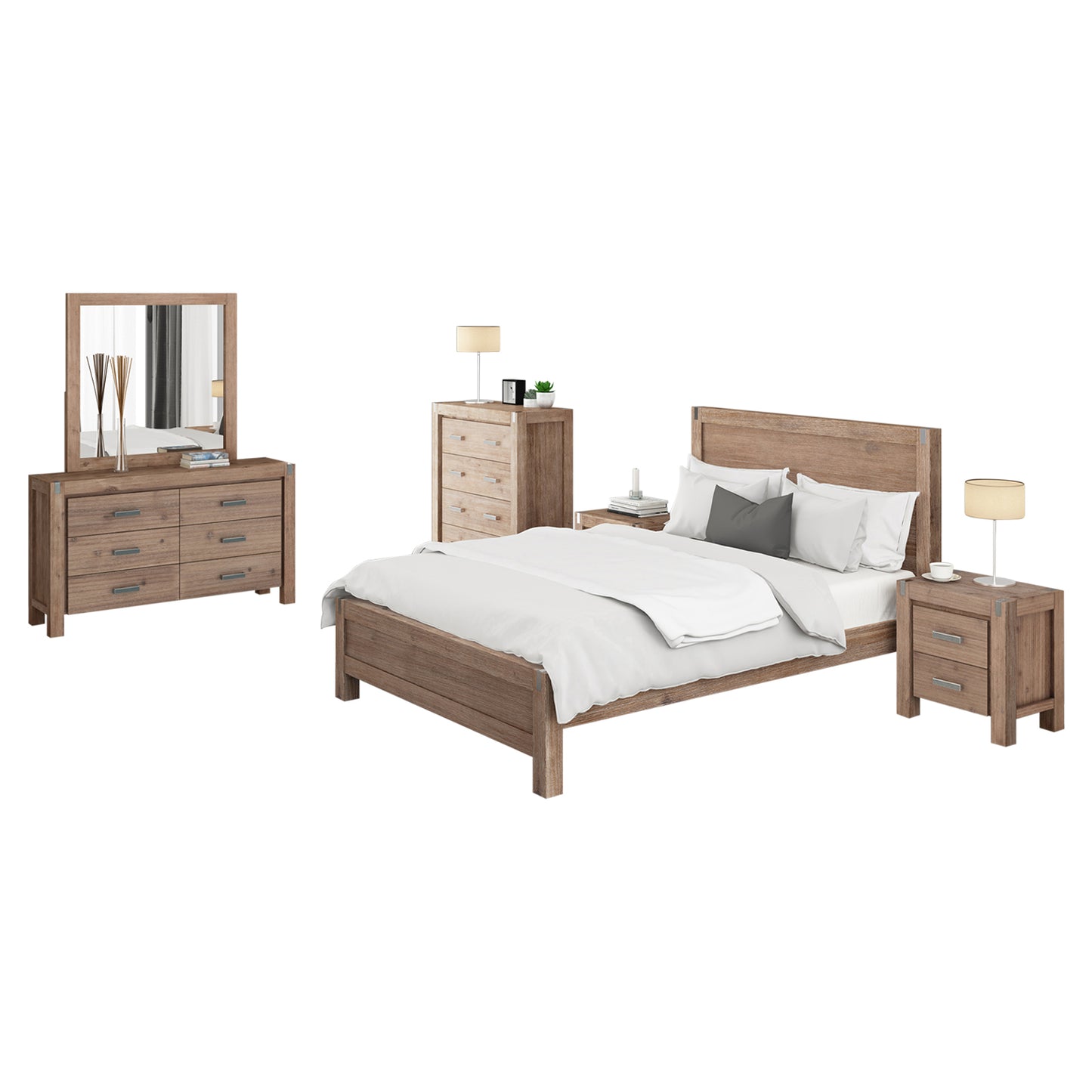Nowra 5 Pcs Bedroom Suite In Solid Acacia Timber In Multiple Size & Colour with Dresser and Tallboy