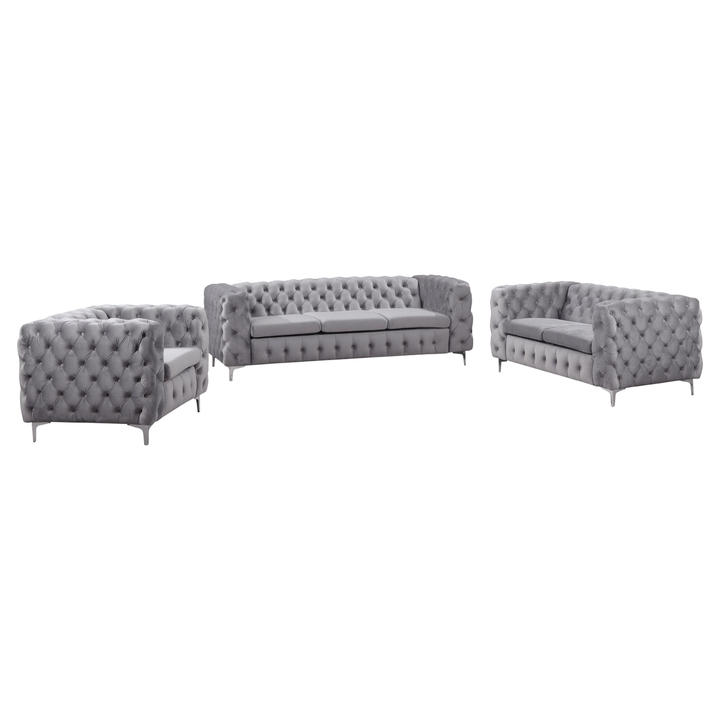 Jacques 3+2+1 Seater Sofa Button Tufted Velvet Fabric with Metal Legs in Black/ Grey