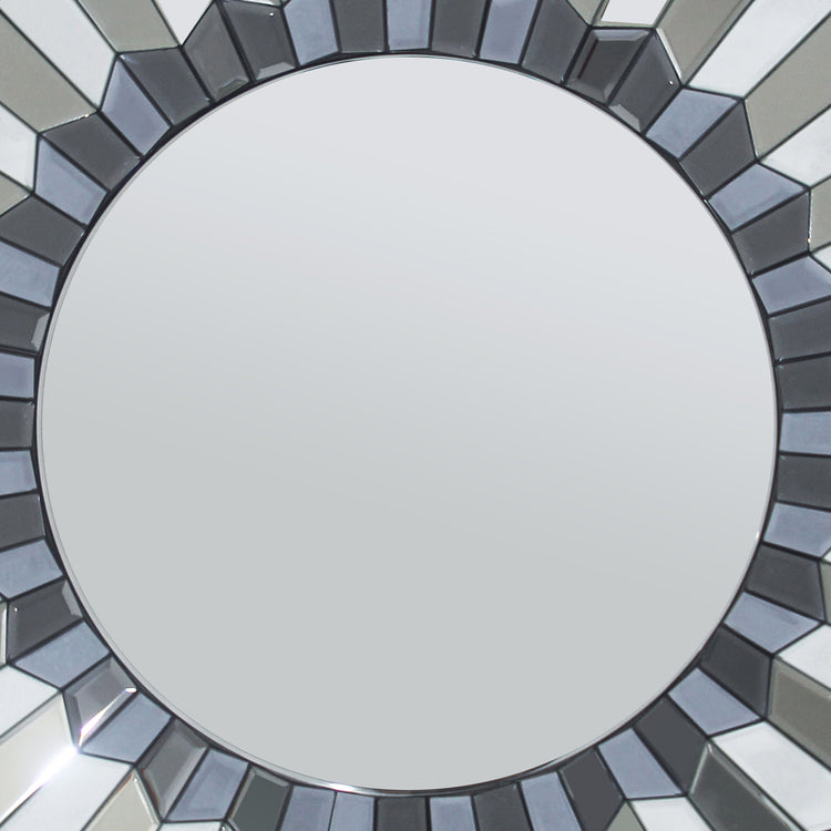 Decorative Round Wall Mirror with Geometric Design and Silver Accents