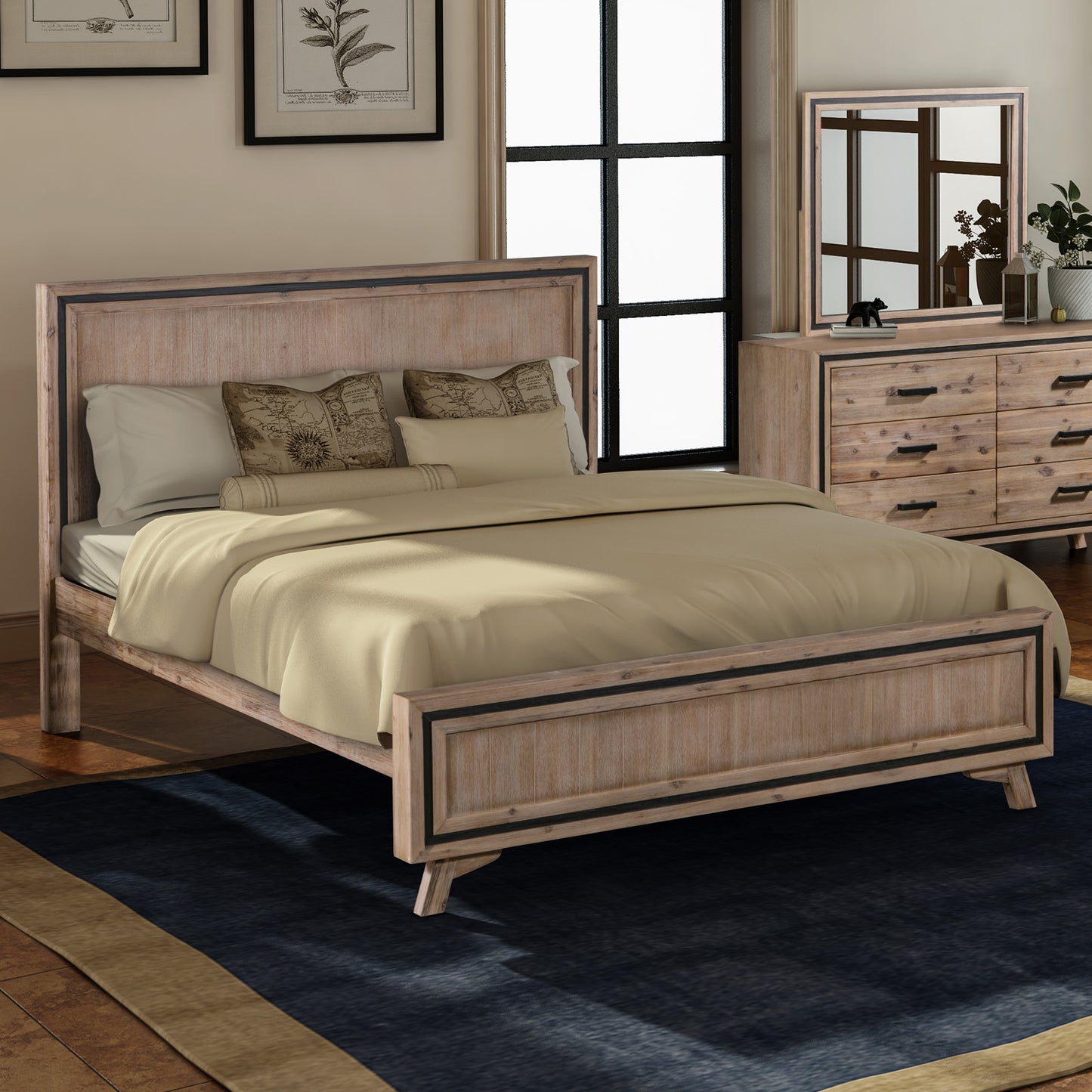 Seashore 4 Pcs Dresser Bedroom Suite in Solid Acacia Timber in Silver Brush Colour