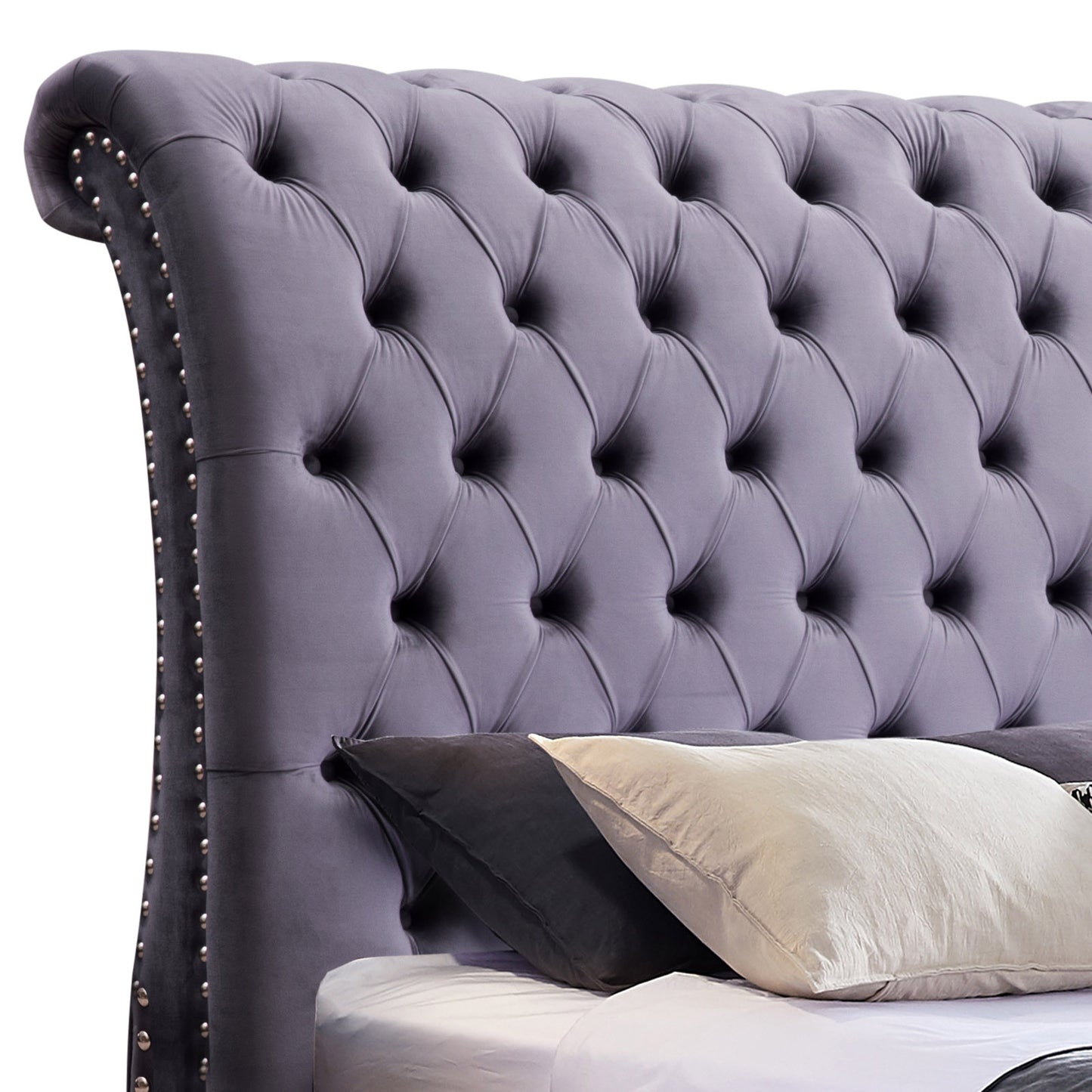 Elsa Sleigh Bedframe Velvet Tufted Deep Quilting Bed