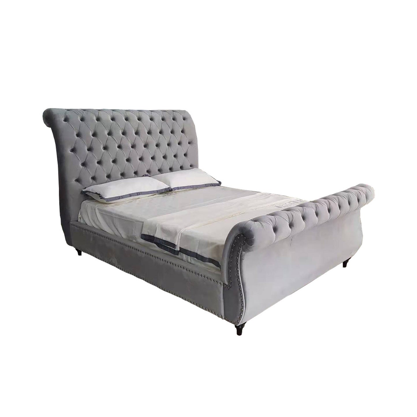 Elsa Sleigh Bedframe Velvet Tufted Deep Quilting Bed