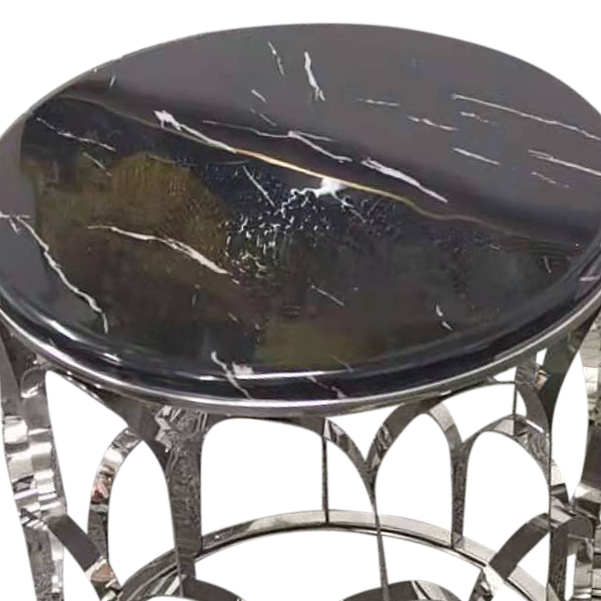 Falcon Round Lamp Table Faux Marble Top Electroplating Silver
