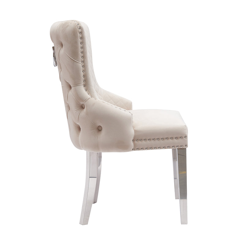 Lyon Set of 2 Beige Velvet Dining Chairs – Button Studded Ring Back Design