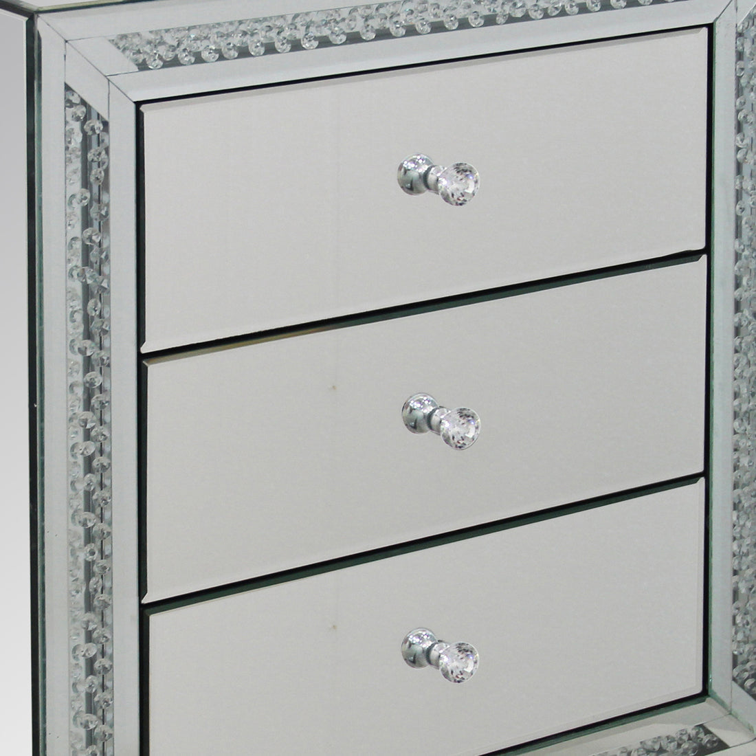 Aurora Silver Mirrored Bedside Table – 3 Drawers with Crystal Detail