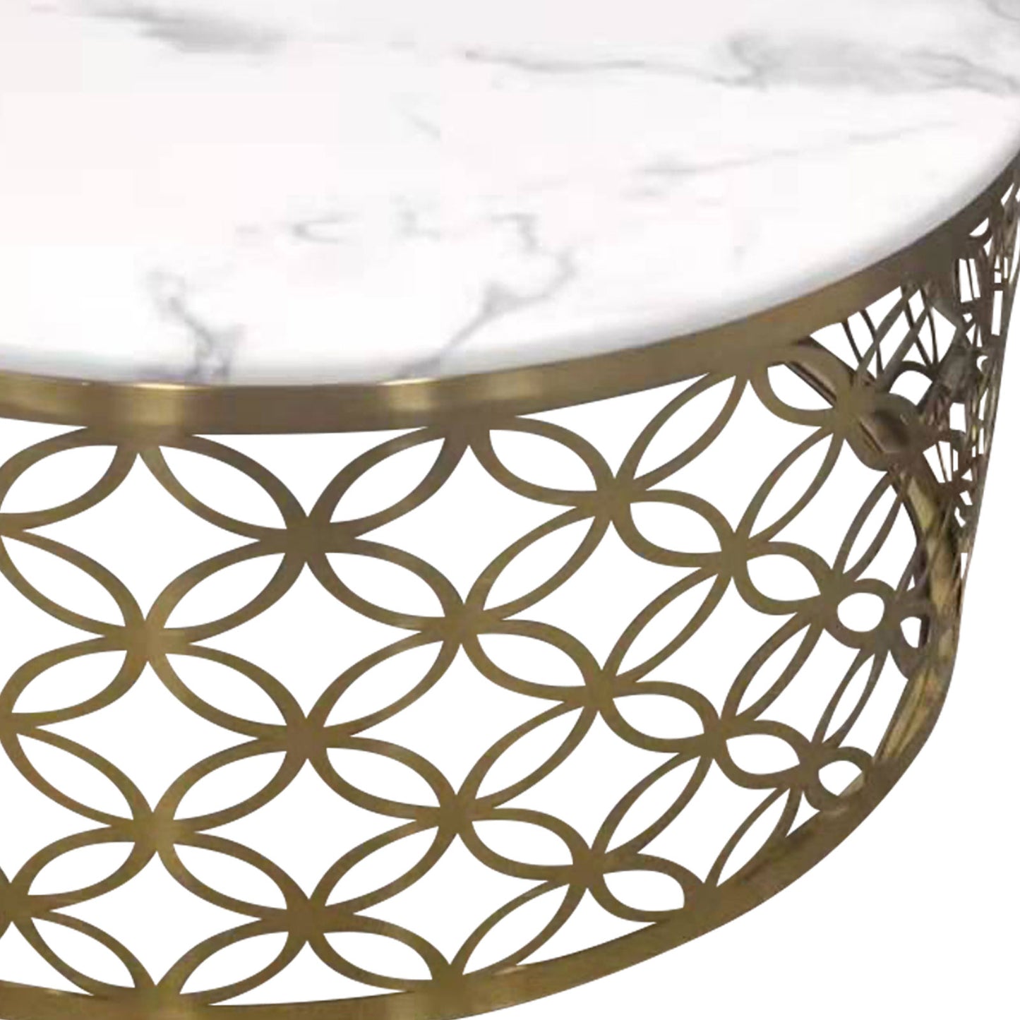 Coffee Table White Faux Marble Top Metal Manipulated Detail Design Round Shape Titanium Gold Stainless Troy