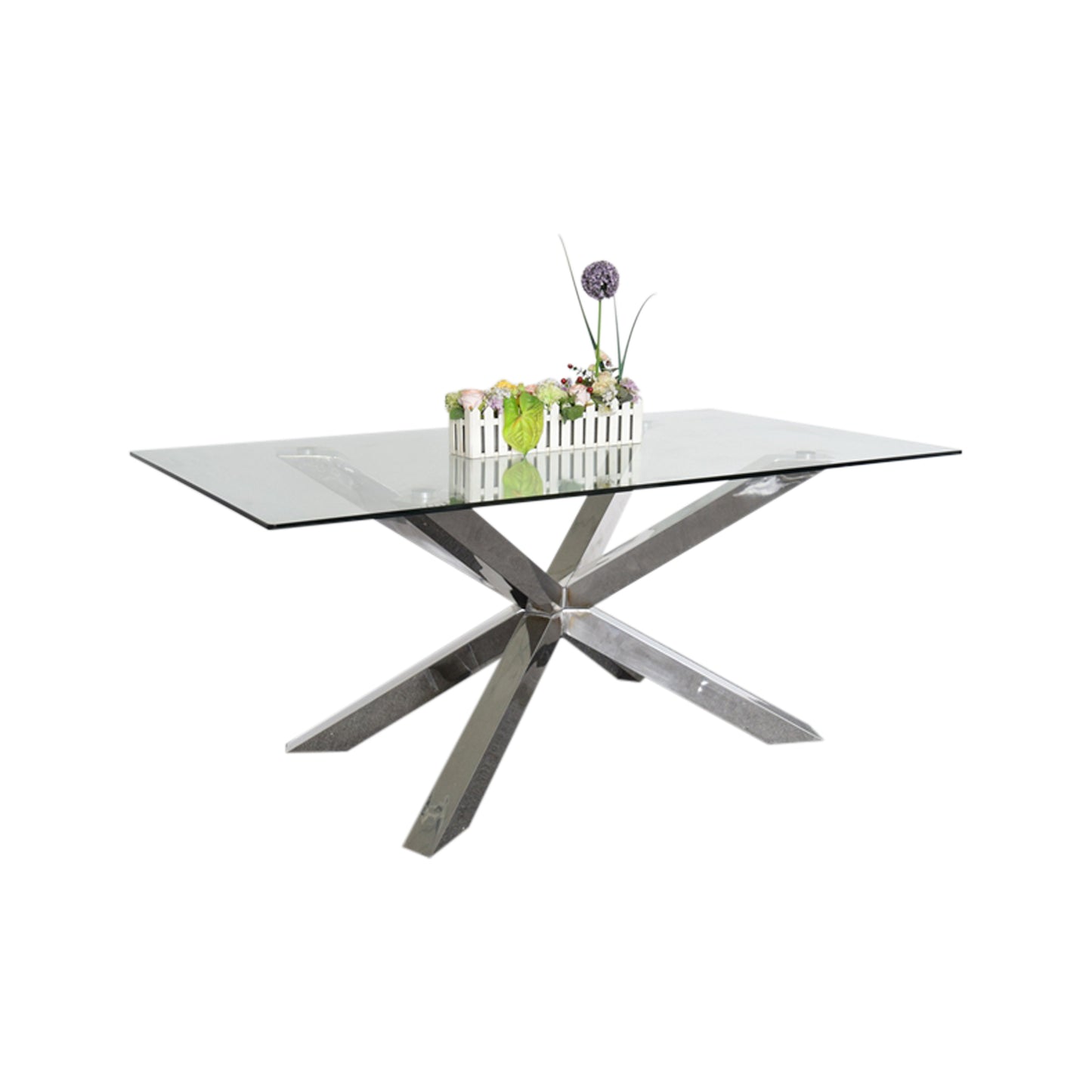 Jason Crisscross Shaped High Gloss Stainless Steel Finish Dining Table with Tempered Glass Top
