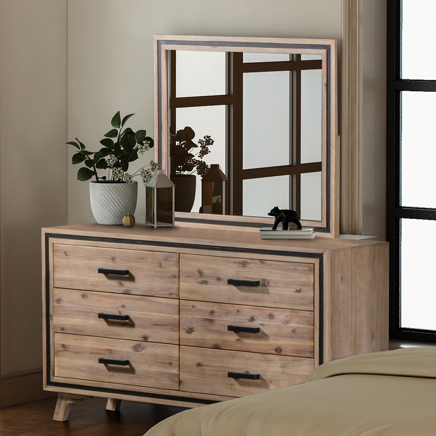 Seashore 4 Pcs Dresser Bedroom Suite in Solid Acacia Timber in Silver Brush Colour