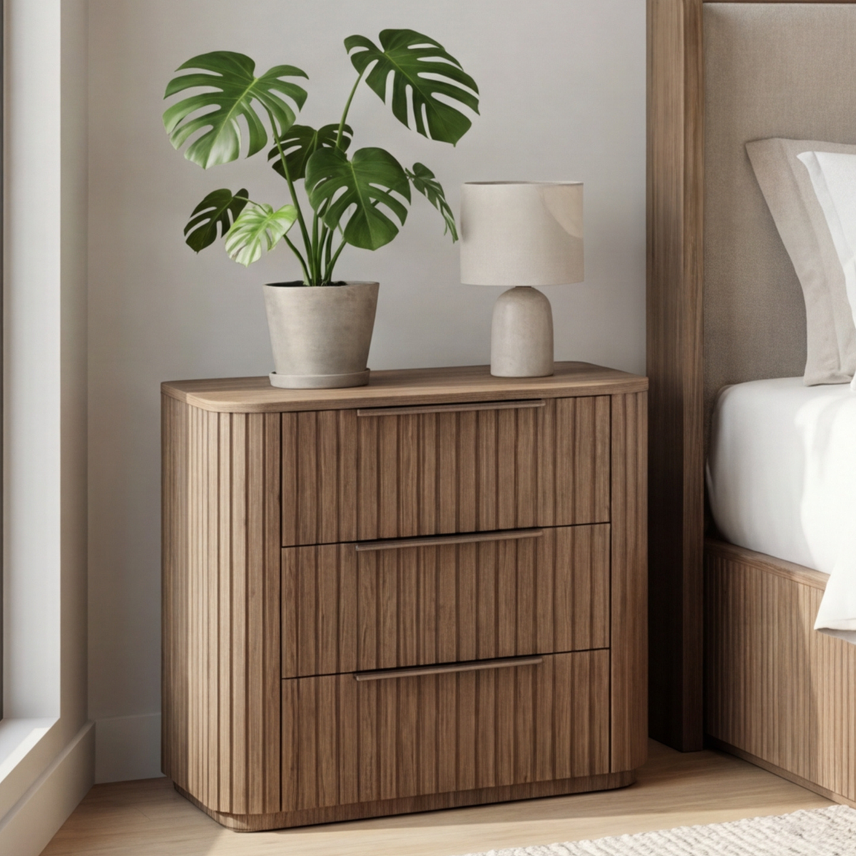 Arlo Solid Rubber Wood Bedside table with LED Lights