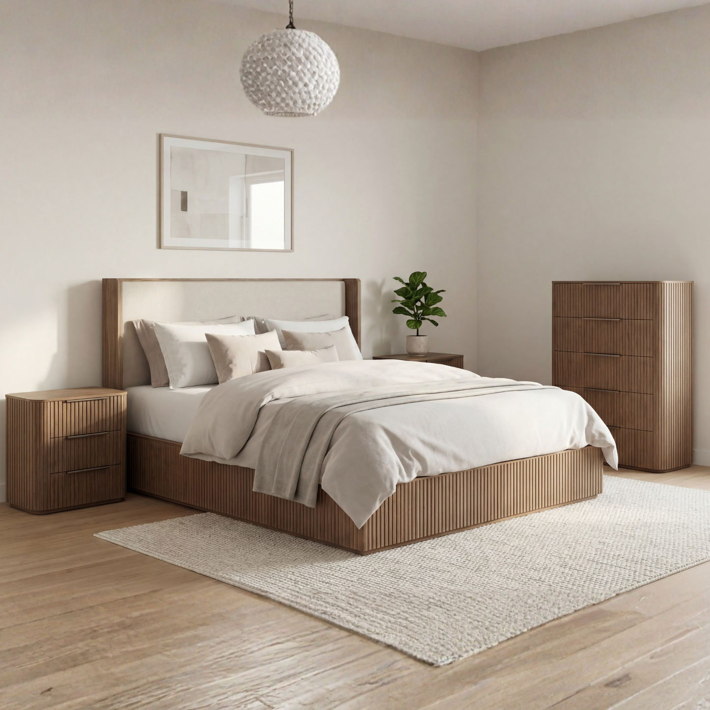 Arlo Solid Rubber Wood Bed Frame with Fabric Upholstered Headboard